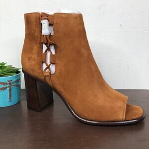 NEW Frye Amy Side Ghillie Suede Leather Open Toe Booties In Nutmeg Size 9.5M